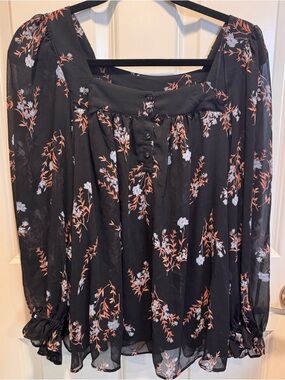 LC Lauren Conrad Black Floral Square-Neck Blouse with Peach Accents